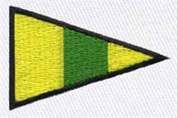 Triangular flag design with bold yellow and green sections, thick black outline, and geometric style.