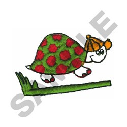 Playful turtle with a vibrant green shell and red spots, walking on grass, wearing a whimsical hat.