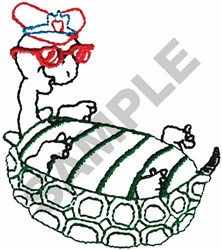 Cartoon turtle wearing red sunglasses and a whimsical hat, relaxing on a striped float. Playful summer vibes.