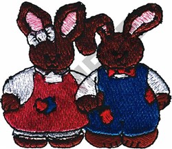 Two playful embroidered rabbits with expressive faces, one in a red dress and the other in blue overalls, perfect for Easter.