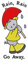Cheerful cartoon character in yellow raincoat and blue boots, holding a red umbrella under spring rain. Playful design.