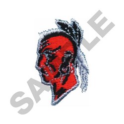 Vibrant profile of a warrior with a bold feather headdress, featuring striking red and contrasting colors.