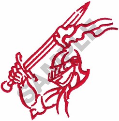 Warrior holding a sword high in a bold, simplistic style, featuring a striking red outline that emphasizes strength.