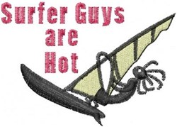 Windsurfer in action with bright sail, dynamic pose, and bold 'Surfer Guys are Hot' text. Playful vibe.