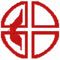 Stylized applique winged emblem with a bold red circular design divided into four sections.