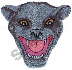 Cartoonish wolf face with detailed gray fur, bright yellow eyes, and a playful open mouth, perfect for vibrant embroidery.