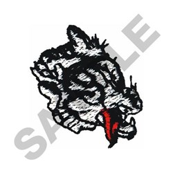 Fierce wolf head with sharp teeth in bold black and white, accented with red. Perfect for machine embroidery.