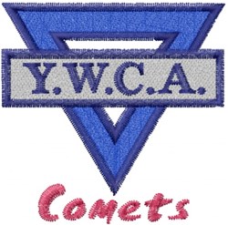 Y.W.C.A. Comets patch featuring a blue triangle, gray rectangle, and playful pink lettering in a bold, sporty style.