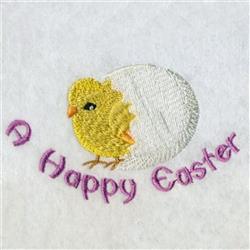 Playful yellow chick peeking from a white egg, with pink 'A Happy Easter' text. Perfect for festive celebrations.