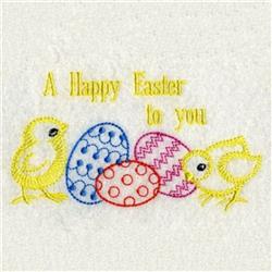 Playful chick design with two cute yellow chicks and three colorful Easter eggs in pink and blue.