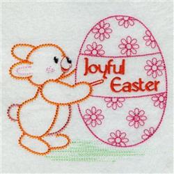 Playful rabbit interacting with vibrant Easter egg, featuring pink flowers and 'Joyful Easter' text, perfect for spring.