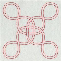Redwork interlocking loop design featuring elegant red stitching on a simple light background.