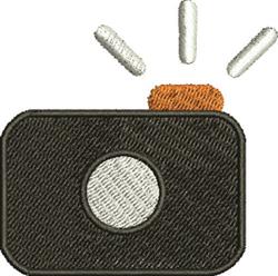 Playful cartoon camera with black body, white lens, orange button, and three flash bursts. Perfect for embroidery.