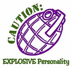 Cartoonish purple grenade with bold green text: 'CAUTION:' above and 'EXPLOSIVE Personality' below, perfect for casual wear.
