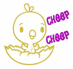 Cute yellow chick emerging from a cracked egg with cheerful purple 'CHEEP CHEEP' text, cartoonish Easter design.