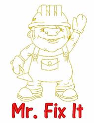 Cheerful cartoon construction worker in overalls and hard hat waving, holding tools, with 'Mr. Fix It' text below.