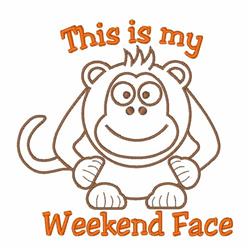Cheerful monkey with large eyes and a big smile, featuring playful text 'This is my Weekend Face' in vibrant colors.