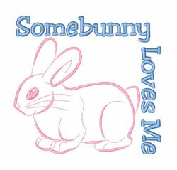Playful rabbit with soft pink outlines beside cheerful blue text 'Somebunny Loves Me.' Perfect for Easter.
