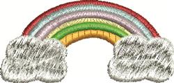 Colorful rainbow with seven vibrant colors and fluffy white clouds, perfect for playful decor.