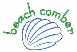 Playful seashell in light blue with bold outlines and 'beach comber' text in bright green, perfect for summer decor.