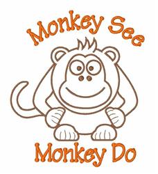 Cartoon monkey smiling with light brown outlines, surrounded by vibrant orange text 'Monkey See Monkey Do'.