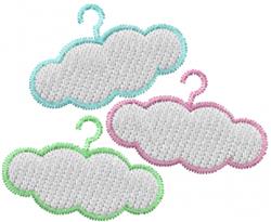 Colorful cloud-shaped tags in pastel blue, pink, and green with decorative edges and hanging hooks.