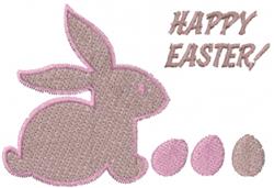 Cute rabbit outlined in pink, surrounded by pastel pink Easter eggs and 'HAPPY EASTER!' text, perfect for festive decor.