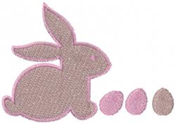 Playful brown rabbit with pink outline beside colorful Easter eggs, perfect for spring festivities.