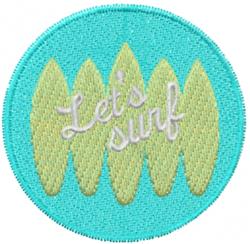 Circular patch with a turquoise background, featuring yellow surfboard shapes and white 'Let's surf' text for a playful summe