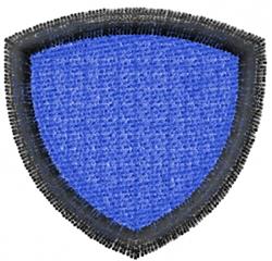 Applique shield shape patch with a blue center and bold black border, featuring a simple geometric design.