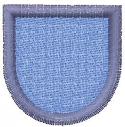 Applique shield shape patch in soft blue fabric with a dark woven border, featuring a simple and modern design.