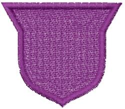 Applique shield shape patch in vibrant purple with textured fabric and contrasting edge stitching.