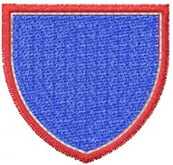 Shield shape patch with a bold blue center and vibrant red border, featuring a sturdy fabric texture.