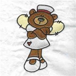 Cartoonish bear in a nurse outfit with a hat and wings, arms crossed, playful and charming design.