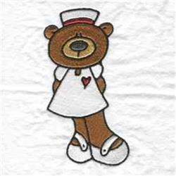 Cute bear nurse in a white outfit with a red heart, red and white cap, perfect for children's items.