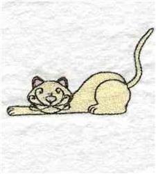 Cartoon cat with light beige fur and curled tail, featuring whimsical facial details. Perfect for playful projects.