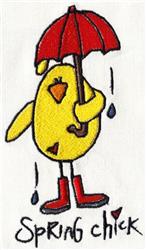 Playful yellow chick holding a red umbrella and wearing red boots, surrounded by blue rain drops in spring.