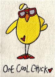 Playful yellow chick wearing sunglasses and red shoes, with one hand on its hip and 'One Cool Chick' text.