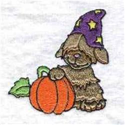 Cartoonish dog in a wizard hat leans on a bright pumpkin, featuring vibrant colors and a green leaf, perfect for fall.