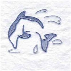 Playful dolphin leaps above water splashes in shades of blue, showcasing a minimalist aquatic theme.
