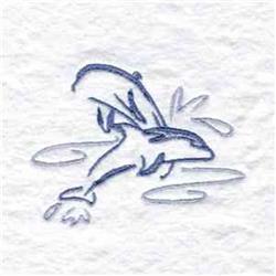 Minimalist dolphin bursting from gentle waves, complemented by playful water splashes in soft blue threads.