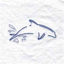 Simple line art of a dolphin leaping with a water splash, featuring fluid blue lines on a light background.