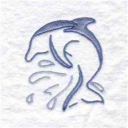 Playful dolphin silhouette leaping with flowing lines and water splashes, in vibrant blue tones.