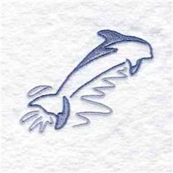Playful dolphin outlined in shades of blue, leaping above stylized waves in a minimalist design.