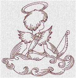 Redwork angelic figure with wings and a halo, sitting on a cloud, featuring whimsical line art details.