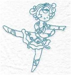 Redwork ballet dancer in a frilly light blue dress, striking a playful pose with floral accents.