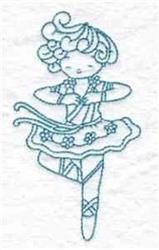 Redwork ballet dancer with curly hair and a floral dress, capturing graceful movement and whimsy.