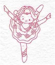 Redwork ballet dancer in a frilly dress with flowers and ribbons, striking a joyful pose.