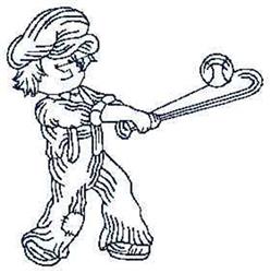 Redwork boy in overalls and cap swinging a baseball bat at a ball, playful and cartoonish design.