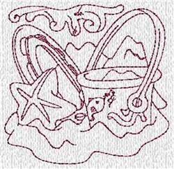 Redwork basket intertwined with waves, featuring a starfish in vibrant red thread against a light background.